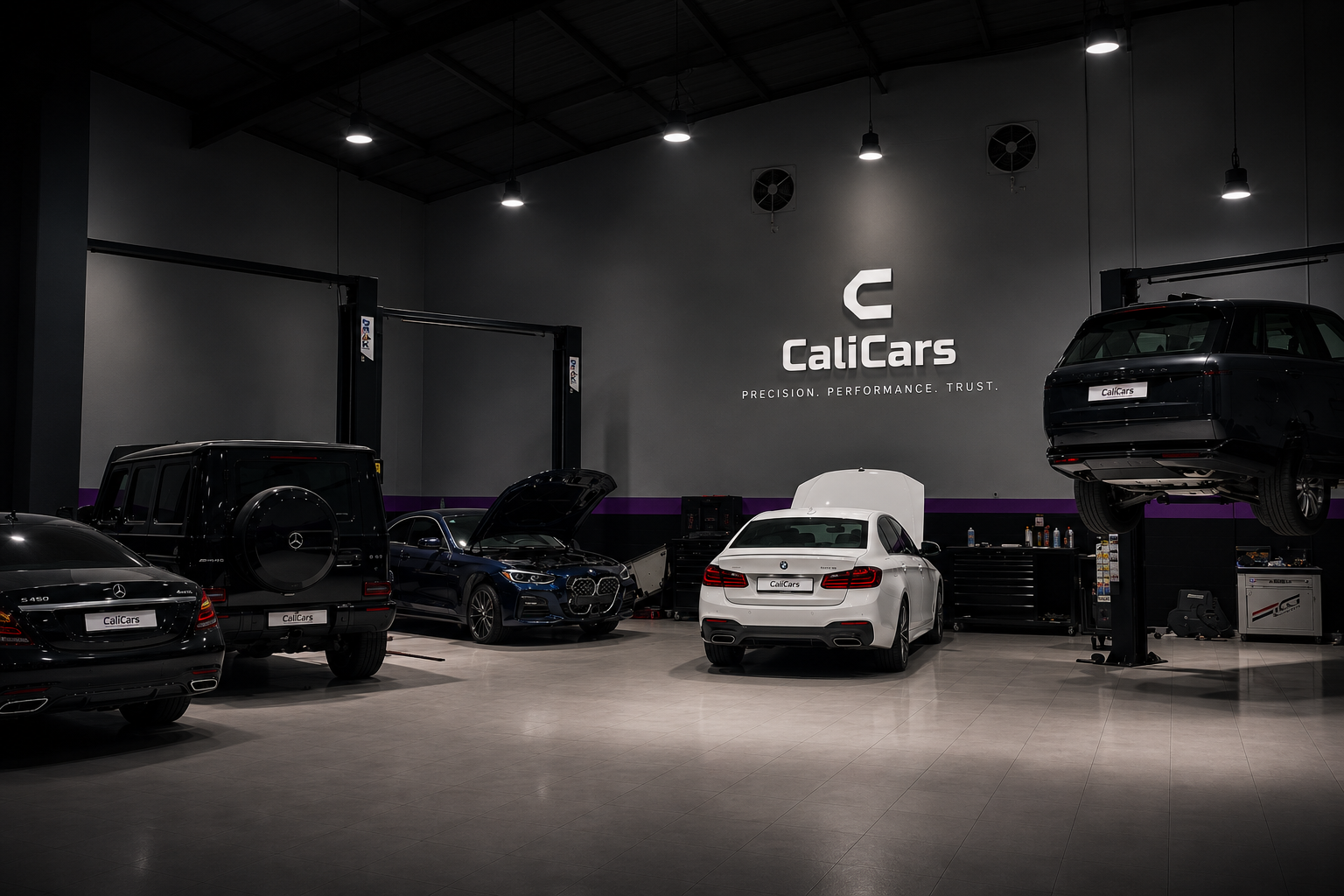 Interior of the Calicars European automotive workshop